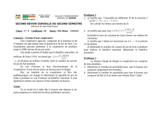Première page de Mathématiques 1ère A2 — 2e devoir surveillé, 2e semestre (2023-2024) · CEG SEKERE
