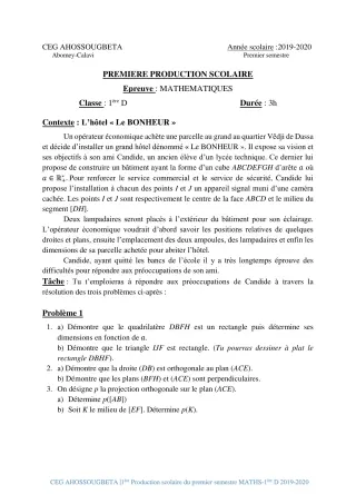 Première page de Mathématiques 1ère D — 1re production scolaire, 1er semestre (2019-2020) · CEG Ahossougbéta