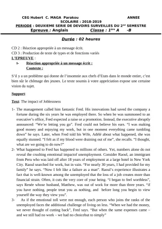 Première page de Anglais 1ère A1, 1ère A2, 1ère B — 2e devoir surveillé, 2e semestre (2018-2019) · CEG Hubert C. MAGA
