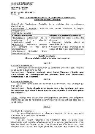 Première page de Philosophie Tle C, Tle D — 2e devoir surveillé, 1er semestre (2019-2020) · CEG L'Entente