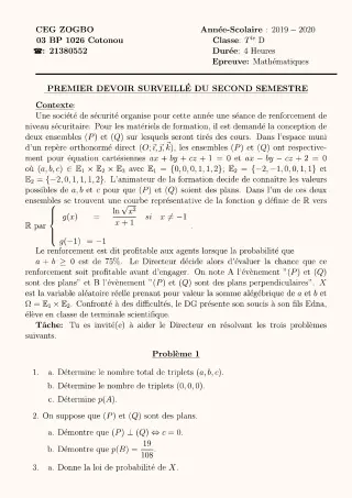 Première page de Mathématiques Tle D — 1er devoir surveillé, 2e semestre (2019-2020) · CEG ZOGBO