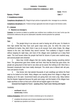 Première page de Anglais 3e, 3e ML — Évaluation sommative (2018-2019) · CEG Albarika