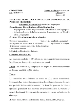 Première page de Histoire-Géographie 3e, 3e ML — 1re évaluation sommative, 1er semestre (2020-2021) · CEG Ganvié