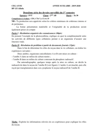 Première page de SVT 2nde A & B — 2e devoir surveillé, 1er semestre (2019-2020) · CEG AYOU