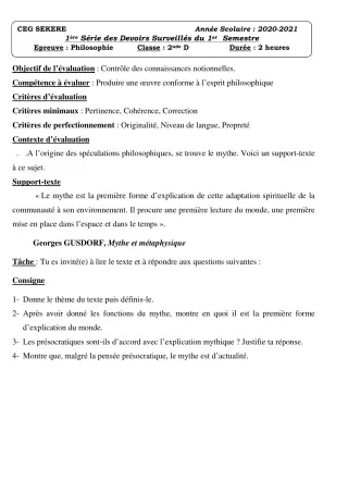 Première page de Philosophie 2nde D — 1er devoir surveillé (2020-2021) · CEG SEKERE