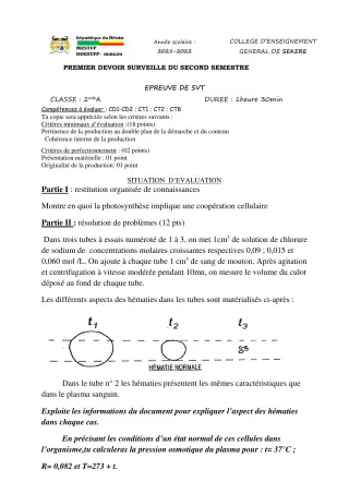 Première page de SVT 2nde A2 — 1er devoir surveillé, 2e semestre (2021-2022) · CEG SEKERE