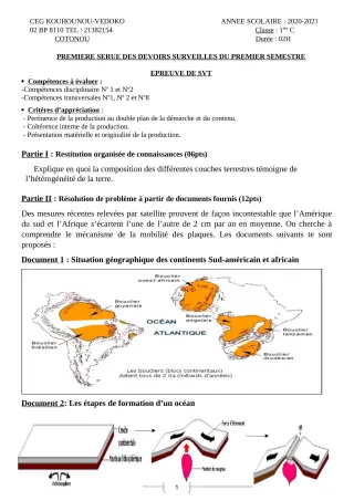 Première page de SVT 1ère C — Devoir surveillé, 1er semestre (2020-2021) · CEG Kouhounou-Vêdoko