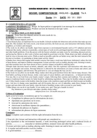 Première page de Anglais Tle A1, Tle A2, Tle B — Composition (2020-2021) · CPEG Roger LAFIA