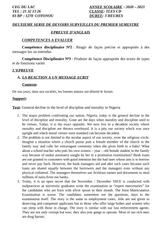 Première page de Anglais Tle C, Tle D — 2e devoir surveillé, 1er semestre (2020-2021) · CEG du Lac