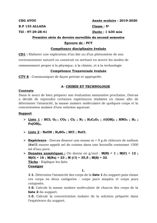 Première page de PCT 5e — 1er devoir surveillé, 2e semestre (2019-2020) · CEG AYOU