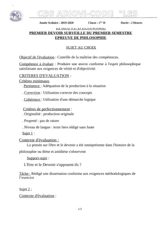 Première page de Philosophie 1ère D — 1er devoir surveillé, 1er semestre (2019-2020) · CEG ADJOVICODJI 'LES OLIVIERS'