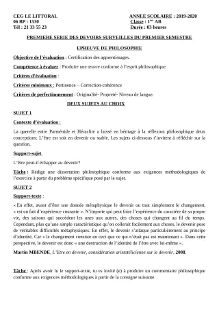 Première page de Philosophie 2nde C, 2nde D, 1ère A2, 1ère B, Tle D — 1er devoir surveillé, 1er semestre (2019-2020) · CEG Le Littoral
