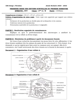 Première page de SVT 2nde A, 2nde B — 1er devoir surveillé, 1er semestre (2023-2024) · CEG ZONGO
