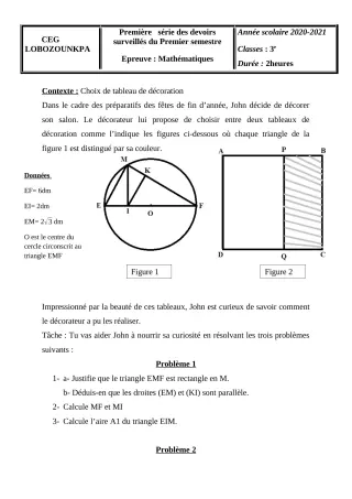 Première page de Mathématiques 3e, 3e ML — 1er devoir surveillé, 1er semestre (2020-2021) · CEG Lobozounkpa