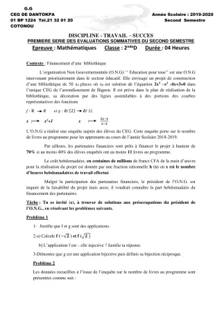 Première page de Mathématiques 2nde D — 1re évaluation sommative, 2e semestre (2019-2020) · CEG Dantokpa