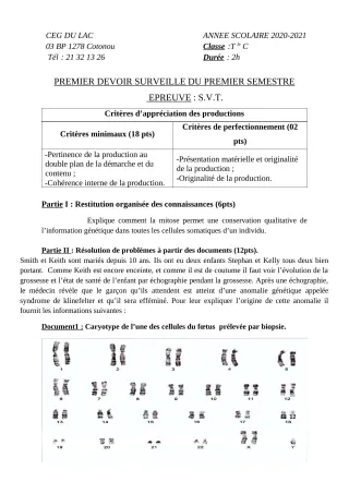 Première page de SVT Tle C — 1er devoir surveillé, 1er semestre (2020-2021) · CEG du Lac