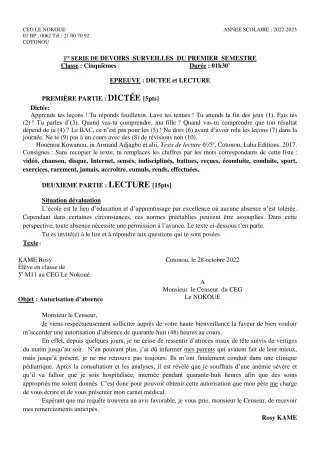 Première page de Français 5e — 1er devoir surveillé, 1er semestre (2022-2023) · CEG LE NOKOUE