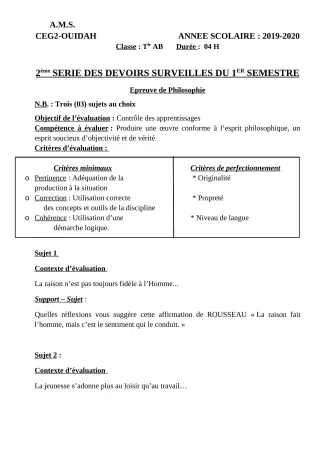 Première page de Philosophie 2nde A & B, 2nde C, 2nde D, 1ère A2, 1ère B, 1ère C, 1ère D, Tle A1, Tle A2, Tle B, Tle C, Tle D — 2e devoir surveillé, 1er semestre (2019-2020) · CEG2 OUIDAH