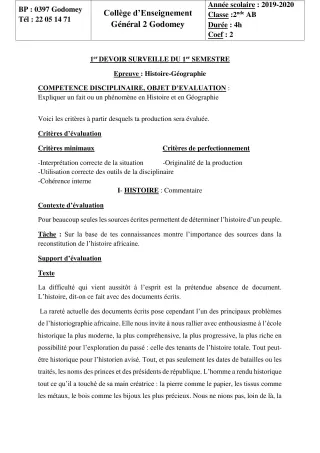 Première page de Histoire-Géographie 2nde A2, 2nde B — 1er devoir surveillé, 1er semestre (2019-2020) · CEG2 Godomey