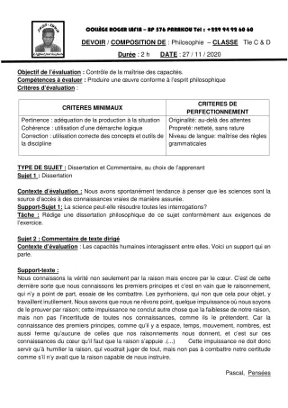 Première page de Philosophie Tle C, Tle D — Composition (2020-2021) · CPEG Roger LAFIA