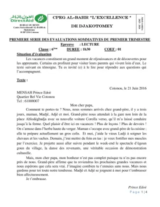 Première page de Français 6e, 5e — 1re évaluation sommative, 1er trimestre (2023-2024) · CPEG L'EXCELLENCE