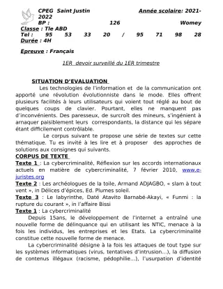 Première page de Français Tle A2, Tle B, Tle C, Tle D — 1er devoir surveillé, 1er trimestre (2021-2022) · CPEG SAINT Justin