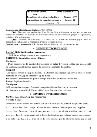 Première page de PCT 4e — 2e évaluation sommative, 1er semestre (2022-2023) · CEG2 ABOMEY - CALAVI (CEG ZOCA)