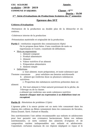 Première page de SVT 6e — Production scolaire, 1er semestre (2018-2019) · CEG AGLOGBE