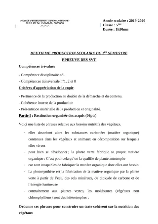 Première page de SVT 5e — 2e production scolaire, 1er semestre (2019-2020) · CEG GBEGAMEY