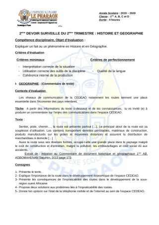 Première page de Histoire-Géographie 1ère A, 1ère B, 1ère C, 1ère D — 2e devoir surveillé, 2e trimestre (2019-2020) · CPEG LE PHARAON
