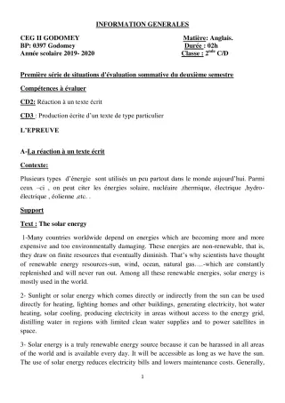 Première page de Anglais 2nde A2, 2nde B, 2nde C, 2nde D, 2nde EFS — Évaluation sommative, 2e semestre (2019-2020) · CEG2 Godomey