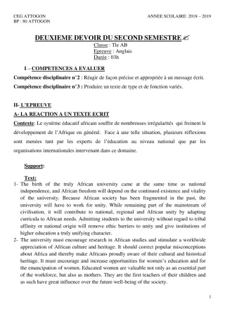 Première page de Anglais Tle A & B — 2e devoir surveillé, 2e semestre (2018-2019) · CEG Attogon