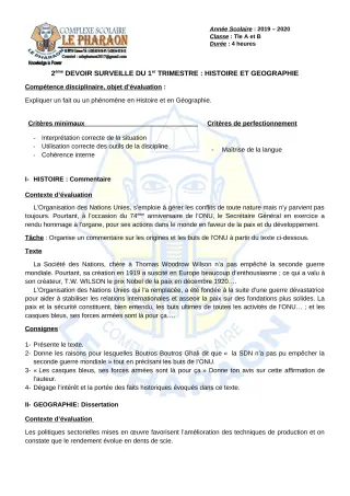 Première page de Histoire-Géographie Tle A, Tle B — 2e devoir surveillé, 1er trimestre (2019-2020) · CPEG LE PHARAON