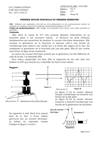 Première page de PCT 5e — 1er devoir surveillé, 1er semestre (2019-2020) · CEG ZOGBO