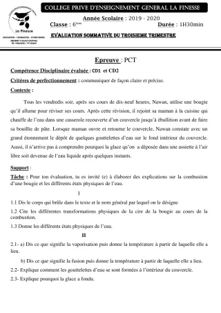 Première page de PCT 6e — Évaluation sommative, 3e trimestre (2019-2020) · CPEG La Finesse