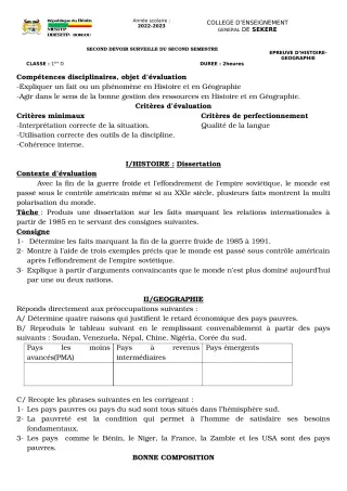 Première page de Histoire-Géographie 1ère D — 2e devoir surveillé, 2e semestre (2022-2023) · CEG SEKERE