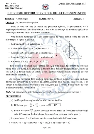 Première page de Mathématiques 1ère D — 2e devoir surveillé, 2e semestre (2023-2024) · CEG Yagbe
