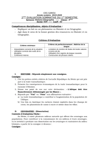 Première page de Histoire-Géographie 4e — 2e évaluation sommative, 1er semestre (2019-2020) · CEG GAROU