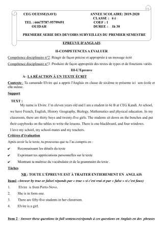 Première page de Anglais 6e — 1er devoir surveillé, 1er semestre (2019-2020) · Ceg OUESSE