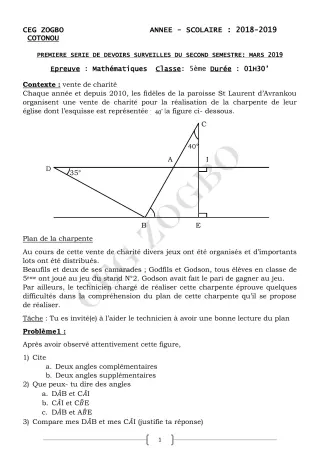 Première page de Mathématiques 5e — 1er devoir surveillé, 2e semestre (2018-2019) · CEG ZOGBO