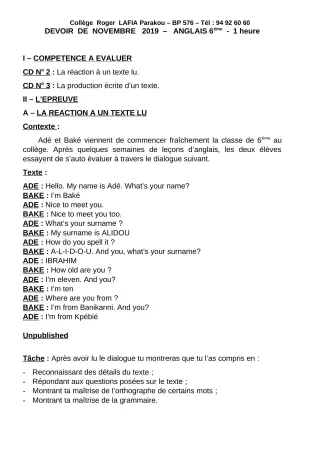 Première page de Anglais 6e — Devoir surveillé (2019-2020) · CPEG Roger LAFIA