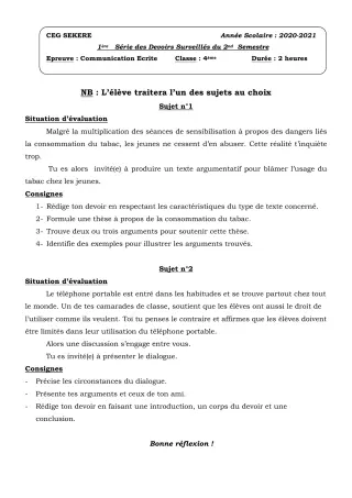 Première page de Français 4e — 1er devoir surveillé, 2e semestre (2020-2021) · CEG SEKERE