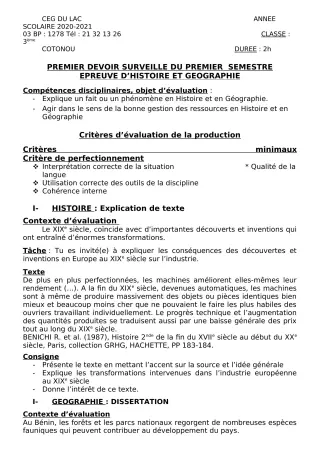 Première page de Histoire-Géographie 3e, 3e ML — 1er devoir surveillé, 1er semestre (2020-2021) · CEG du Lac