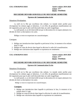 Première page de Français 6e — 2e devoir surveillé, 2e semestre (2019-2020) · CEG ATROKPOCODJI