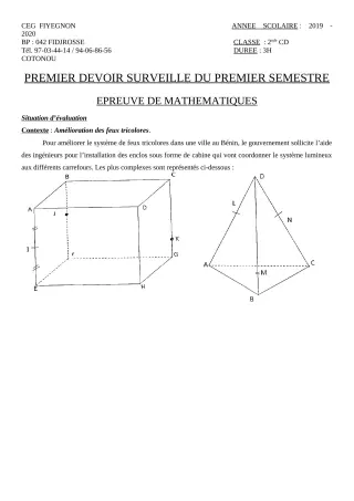 Première page de Mathématiques 2nde C, 2nde D — 1er devoir surveillé, 1er semestre (2019-2020) · CEG FIYEGNON