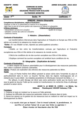 Première page de Histoire-Géographie 3e — 2e production scolaire, 1er semestre (2022-2023) · CEG POSSOTOME