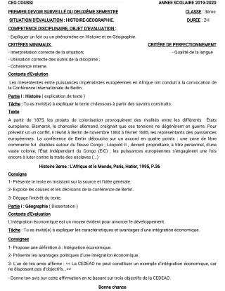 Première page de Histoire-Géographie 3e, 3e ML — 1er devoir surveillé, 2e semestre (2019-2020) · CEG COUSSI