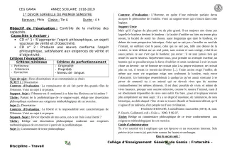Première page de Philosophie 2nde A, 2nde D, 1ère A2, 1ère D, Tle A2, Tle D — 1er devoir surveillé, 1er semestre (2018-2019) · CEG GAMIA