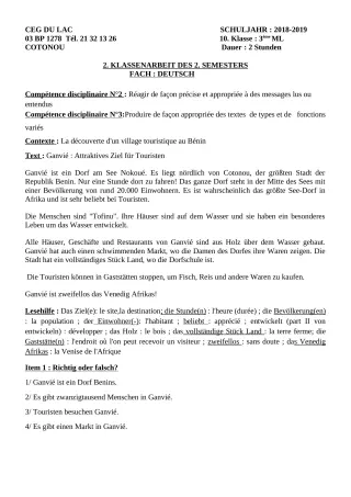 Première page de Devoir surveillé de ALLEMAND — 3e ML — CEG du Lac (2018)