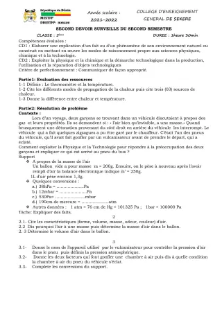Première page de PCT 5e — 2e devoir surveillé, 2e semestre (2021-2022) · CEG SEKERE